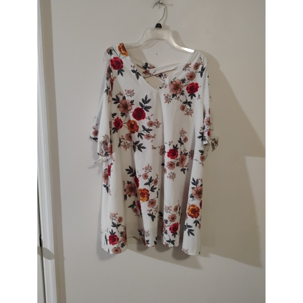 Umgee USA Floral Cold Shoulder Tunic Top XL White Red Orange Tie Sleeve Strappy